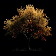 Majestic tree with vibrant autumn foliage against a deep black backdrop, showcasing nature's beauty and the changing seasons with artistic flair