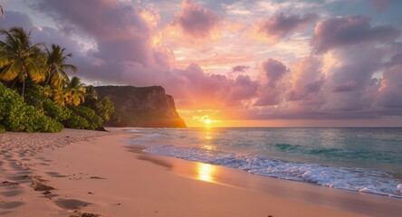 Tropical Beach Sunset with Palm Trees and Ocean Waves
