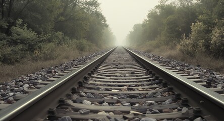 Train Tracks Leading into the Foggy Distance, Railroad, Journey, Travel, Transportation Photography