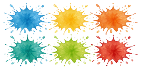 Colorful Watercolor Paint Splashes Set with Organic Texture on Transparent Background
Vibrant Hand-Painted Watercolor Stains with Splatter and Gradient Effects