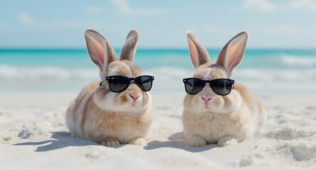 Two bunnies wearing sunglasses relaxing on the beach
