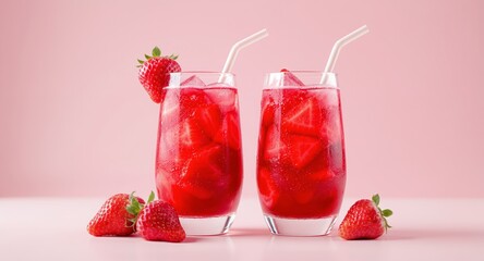 Two Glasses of Refreshing Strawberry Drink with Ice and Straws on Pink Background