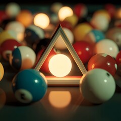 Glowing cue ball centered within a triangle of a pool table surrounded by various colored balls on a dark background, ready for play
