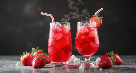 Two Glasses of Refreshing Strawberry Drink with Ice and Straws