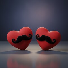 Two red hearts with mustaches, romantic Valentines Day or Fathers Day concept