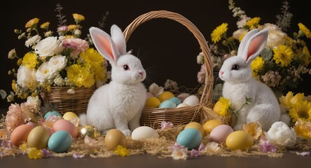 Two White Rabbits with Easter Eggs and Flowers in a Basket