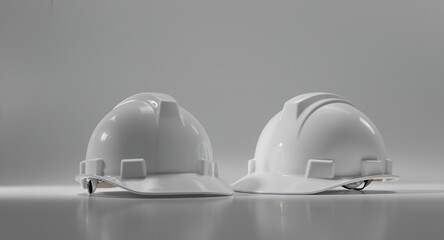 Two White Hard Hats on a Gray Background Safety Gear, Construction, Engineering, Industry