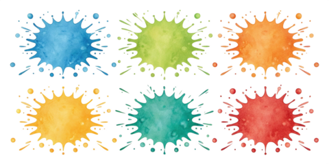 Colorful Watercolor Paint Splashes Set with Organic Texture on Transparent Background
Vibrant Hand-Painted Watercolor Stains with Splatter and Gradient Effects