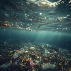 Ocean pollution Underwater view of plastic waste and trash contaminating the sea, marine environment damage and ecological concern