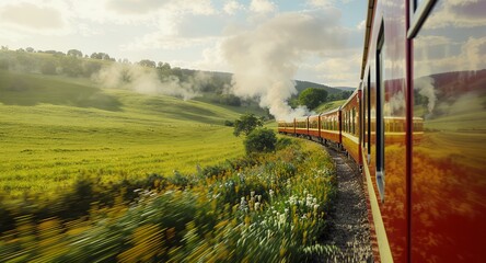 Vintage Steam Train Journey Through Lush Green Landscape