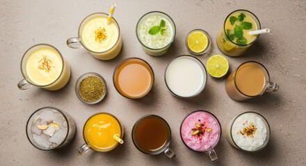 Aerial view of an assortment of colorful drinks in glass mugs and bowls on a neutral surface