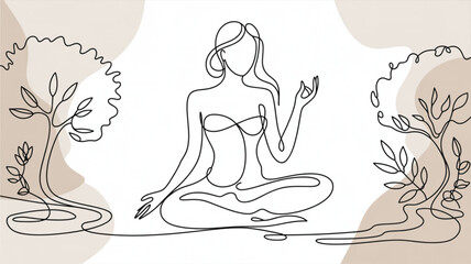 Woman meditating line art yoga pose with trees zen mindfulness wellness illustration for relaxation 100