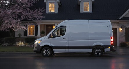 White Cargo Van Parked at Night Near House, Delivery Vehicle, Transportation Image