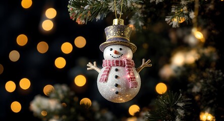 Winter Holiday Snowman Ornament on Christmas Tree with Festive Lights