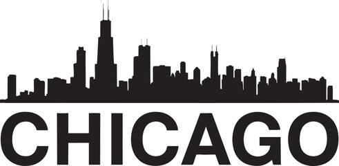 Naklejka premium Black silhouette skyline of Chicago with the word CHICAGO in large bold letters below city urban