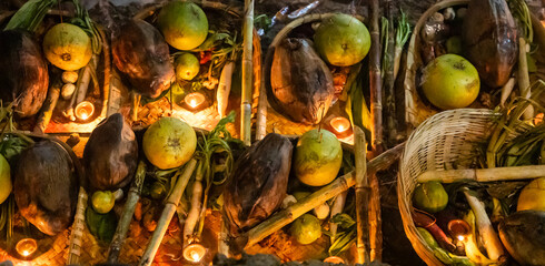 traditional basket of offerings for chhath puja