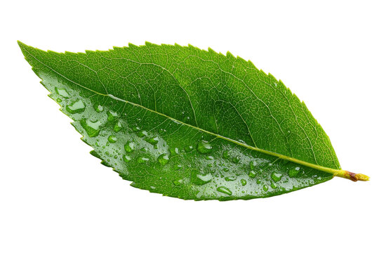 Fototapeta Fresh Green Leaf with Water Droplets on Surface, Showcasing Nature's Beauty in Close-Up, Ideal for Environmental or Botanical Themes