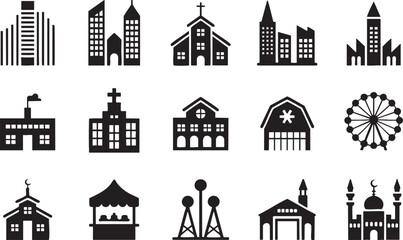Fototapeta premium Black Silhouette Cityscape Buildings Icons Set