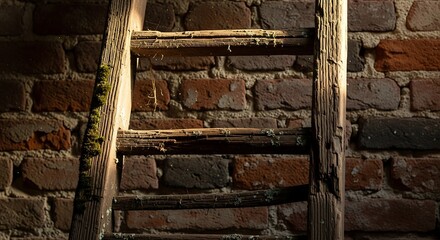 Rustic ladder against weathered brick wall creating a textural and aged composition