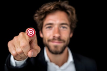 A man pointing at a red target with a white background