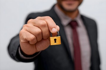 A man is holding a gold key with a hole in it