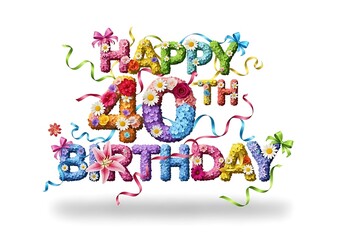Happy 40th birthday typography with colorful streamers