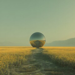 Reflecting Sphere in Yellow Meadow Landscape with Calm Atmosphere