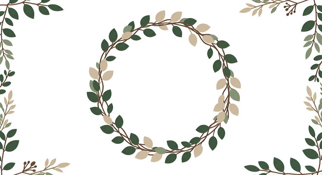 Hand-drawn style botanical illustration featuring a circular leaf wreath and decorative corner frames on a white background