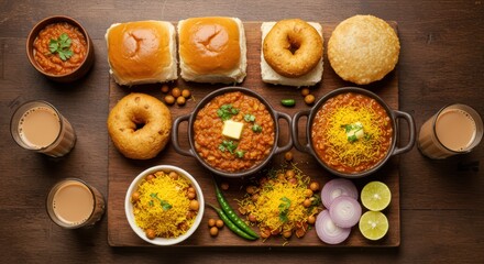 Overhead shot of indian street food including pav bhaji, puri, vada, and tea on a wooden board