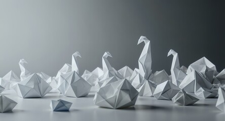 Abstract Origami Swans, Geometric Paper Birds, Minimalist White Art, Creative Design, Leadership Concept