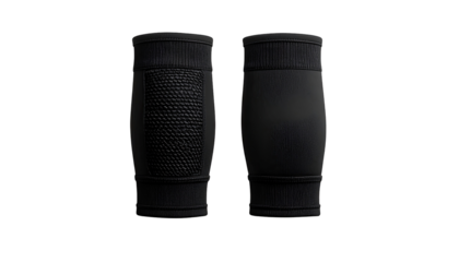 Pair of black athletic elbow sleeves.  Close-up, front view,  on black background.  Textured, padded areas on the sleeves.  Soft, ribbed material.  Stretchy fabric.  Sports protection equipment