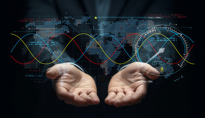 Digital Innovation and Global Connectivity Concept with Hands Holding World Map and Graphical Data Visualizations on Dark Background