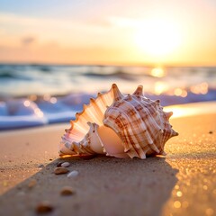Seashell on sandy beach at sunset