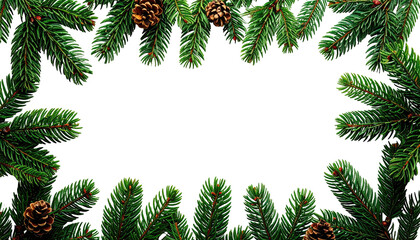 Christmas fir branches and pine cones frame a black background
