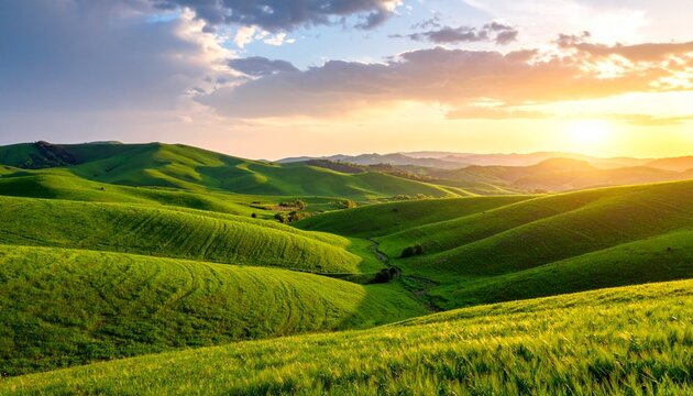 Breathtaking rural landscape of an open grassy plain with rich emerald tones, showcasing rolling hills under a soft pastel sky at sunset - Powered by Adobe