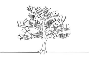 Single one line drawing a tree with branches filled with various books. The higher the level, the more knowledge is needed. Artificial plants. Book Tree. Continuous line design graphic illustration