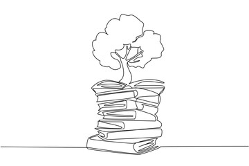 Single one line drawing a pile of books and on top of it there is a big tree. Reading the good plant care module. Greening for the earth. Shady. Book Tree. Continuous line design graphic illustration