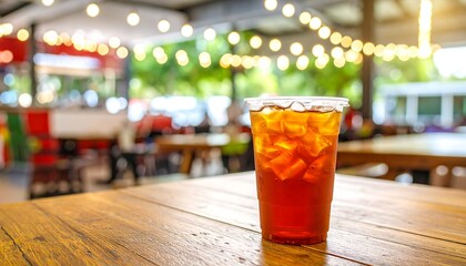Iced tea in disposable cup on wooden table