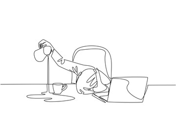 Single continuous line drawing businesswoman holding a pitcher of coffee and pouring its contents into the side of the glass. Overtime until late. Exhausted. Tired. One line design vector illustration