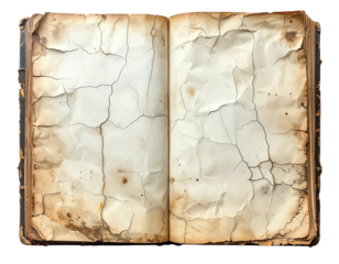 Aged, open book with cracked, weathered pages