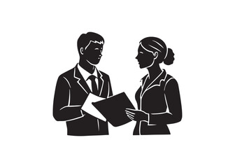 Serious Business Colleagues Reviewing Documents: Black and White Silhouette Illustration.