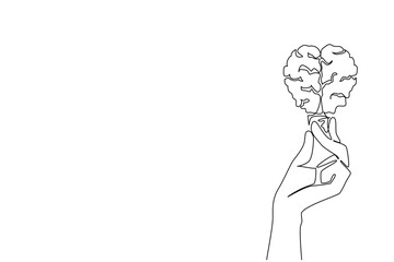 Continuous one line drawing hands holding a bulb that forms a brain. Symbolizing ideas and creativity. Provides many solutions. Innovation. Holding Bulb. Single line draw design vector illustration