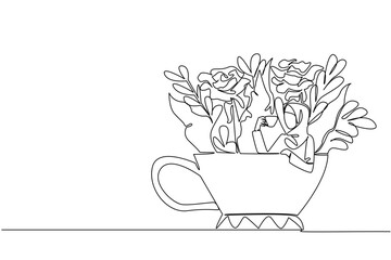 Continuous one line drawing woman wearing hijab holding a cup while soaking and leaning on the cup. Drinking warm tea to relax. Enjoy. Soaking Inside Cup. Single line draw design vector illustration