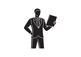 Confident Businessman Presenting Document;  Simple Black Silhouette Icon;  Professional Corporate Style;  Serious Mood;  Information Presentation.