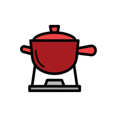 Obraz premium Red pot cooks fondue small burner indoors