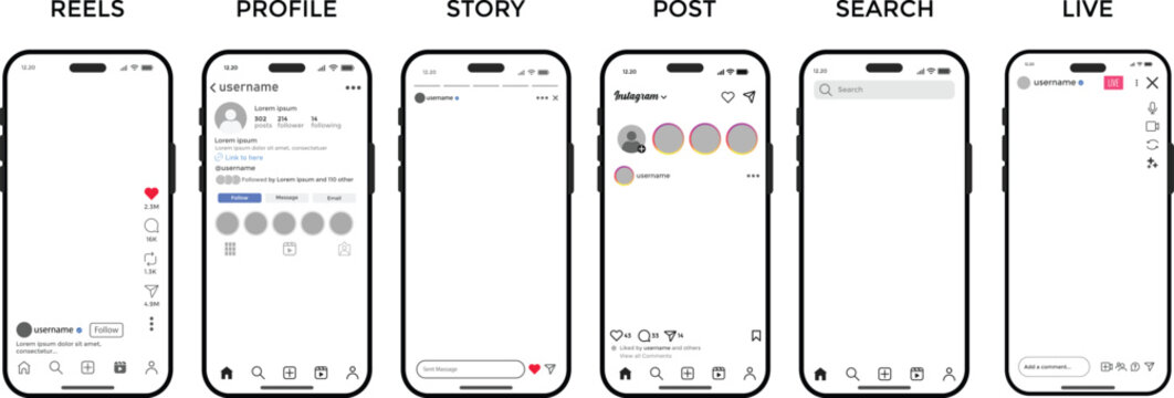 Instagram Reels, profile, story, post, search, live streaming mockup updated. Instagram app UI interface. Instagram app user interface on iPhone 17. Social media mock up template on smartphone. 
