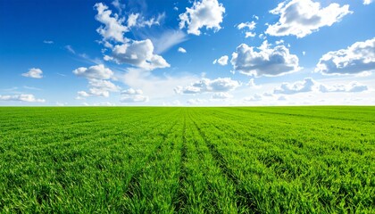 Obraz premium Vibrant green agricultural field extending to the horizon line under a bright blue sky filled with picturesque white clouds