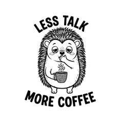 Fototapeta premium Less Talk More Coffee Quote with Cute Hedgehog Holding a Coffee Mug, Funny Hand-Drawn Black and White Coffee Illustration, Adorable Animal Coffee Lover Design for Posters, Stickers, and Cafe Wall Art