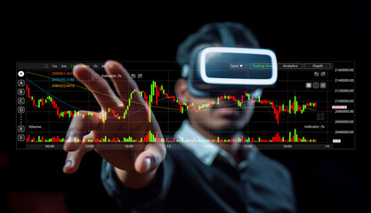Business professional in virtual reality headset interacting with stock market data visualization, futuristic technology in finance and commerce setting
