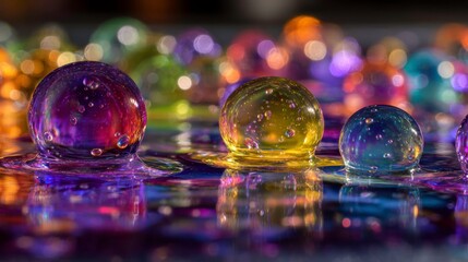 Colorful Glass Marbles on Reflective Surface in Dark Background